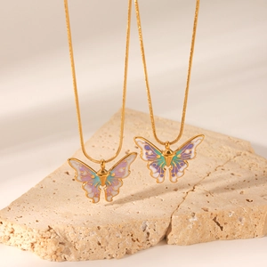 French retro butterfly pendant necklace in gold titanium steel with colorful enamel