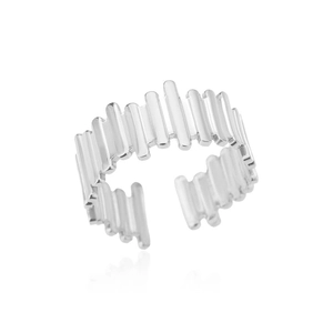 Detail view of silver adjustable ring featuring unique irregular vertical textured ridges