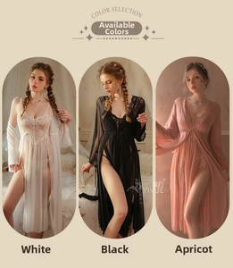 Detailed embroidery lace trim on sheer mesh nightgowns in white, black and apricot