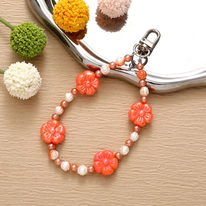 Orange acrylic flower beaded strap with pearls and metal clasp for phone and bags