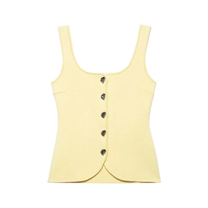 Slim fit yellow knit corset top with silver heart-shaped buttons shown in flat lay