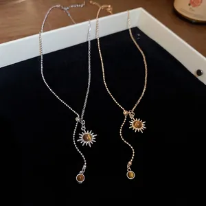Collier À Pendentif Tournesol Vintage Avec Pierre Œil De Tigre En Cuivre Réglable Chaîne Clavicule Y Pour Femmes
