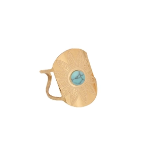 Golden stainless steel signet ring with turquoise stone and leaf engraving details