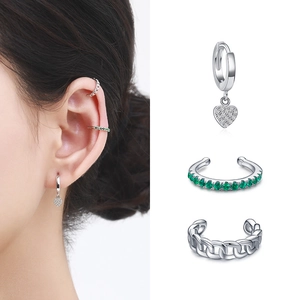 Three-piece S925 silver earring set featuring heart pendant and green zircon cuff