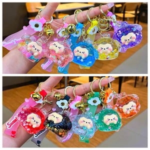 Cartoon Liquid Quicksand Acrylic Keychain Bear Cat Animal Glitter Oil Filled Bag Pendant With Silicone Strap Bell For Gift