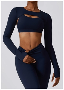 Ensemble de yoga bleu marine 3 pièces avec manches à passe-pouce et legging de sport