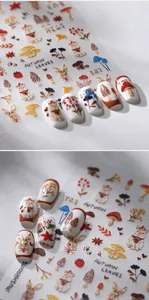 Detail of 5D autumn nail stickers featuring hand-drawn rabbits, squirrels, and mushrooms