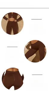 Detail showing seamless ribbed fabric and reinforced crotch of coffee yoga set