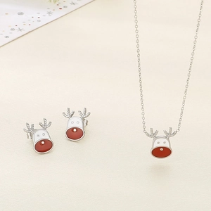 Christmas reindeer necklace and stud earrings set in silver stainless steel with red enamel