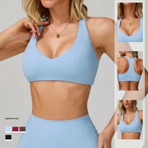 Women's V-neck racerback sports bra with removable pads in light blue quick-dry fabric