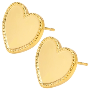304 stainless steel heart stud earrings in gold with milgrain textured borders