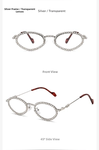 Dual-view close-up of oval silver sun glasses with detailed rhinestone-encrusted frame