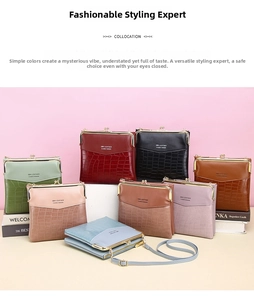 Detail showing vintage crocodile texture and metal frame clasp on eight colors of crossbody bags