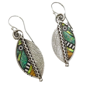 Regenbogen-Blatt-Ohrringe im Ethno-Stil aus Vintage-Silber mit buntem Mosaik