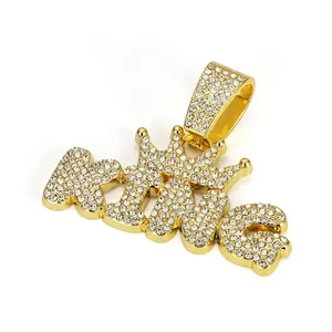 Iced out gold KING letter pendant with crown and white rhinestones for hip hop necklace