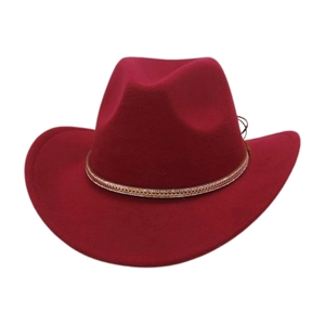 Detail of burgundy felt cowboy hat featuring gold chain band and sparkling rhinestone trim