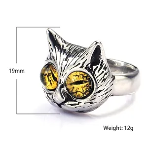 Vintage silver owl ring with amber cat eyes, height 19mm and weight 12g for men