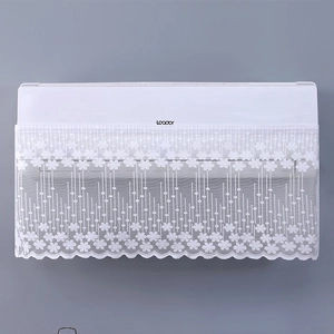 Close-up detail of white lace air conditioner cover with floral mesh and wavy edges