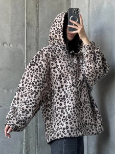 Oversized leopard print fleece hoodie for women with drawstring hood and relaxed fit