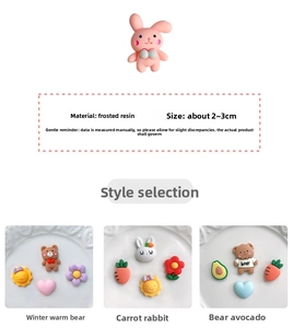 Macro detail of 3D resin cartoon charms showing bears and bunnies with matte finish