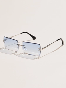 Detailed view of rimless square sunglasses with gradient blue lenses and silver metal temples