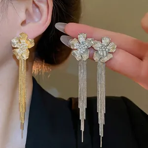 Long Flower Tassel Earrings Imitation Artificial Pearl Zircon 18K Gold Plated Silver Earring Post Retro High End Jewelry For Women
