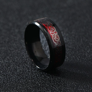 Men's black stainless steel ring with red and silver Celtic dragon pattern inlay