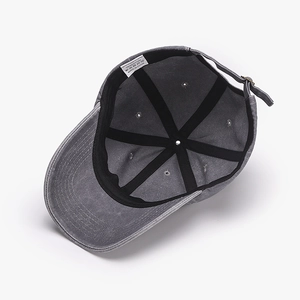 Retro washed grey cotton baseball cap with adjustable metal buckle and inner sweatband