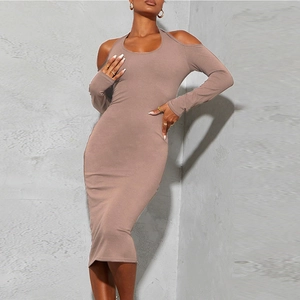 Halter Neck Cold Shoulder Bodycon Midi Dress Long Sleeve Solid Color Polyester Spandex Slim Fit Streetwear For Women