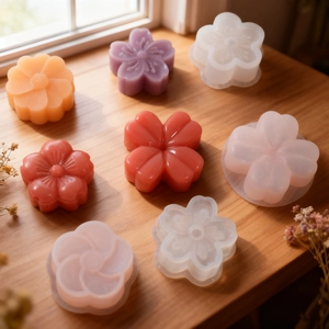 DIY silicone flower molds for soap and resin art on a rustic wooden table setup