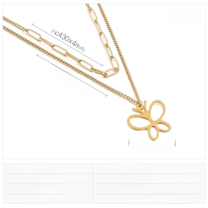 Detail of double-layer stainless steel necklace with hollow butterfly pendant and dual chains