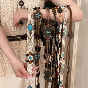 Bohemian Waist Chain Belt Handmade Braided Rope With Wood Beads And Simulated Turquoise Butterfly Tassel For Women