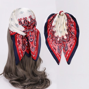 70cm paisley print faux silk scarf for women in vibrant red, white and blue patterns