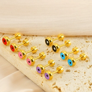 Colorful round evil eye screw back earrings in polished gold plated stainless steel finish