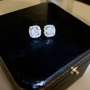 Square Halo Zircon Stud Earrings With Silver Earring Post Copper Geometric Niche Design Individual Style For Women