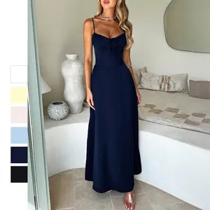 Women Spaghetti Strap Maxi Dress Polyester Elastane V-Neck A-Line Backless Tie Back Ruched Bust Summer Vacation Elegant
