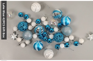 Detail view of 42-piece lake blue and silver Christmas ball ornaments in various textures