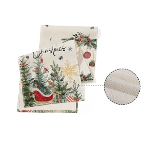 Linen Christmas table runner with watercolor trees and sled on white background
