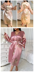 Detailed floral print satin plus size robe with V-neck and belt in bedroom setting