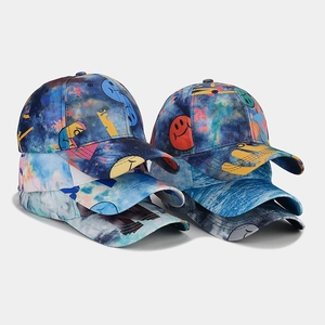 Graffiti tie-dye baseball caps with colorful smile prints and curved brims for street fashion