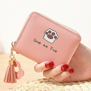 Porte-monnaie rose en cuir PU avec motif patte de chat et pendentif à pompon