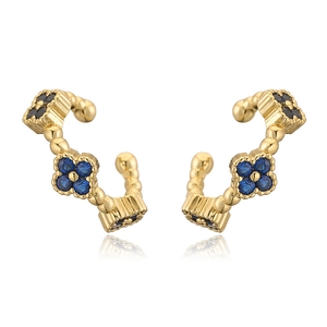 Elegant gold clover ear cuffs with blue and black crystals in a vintage beaded C-shape design