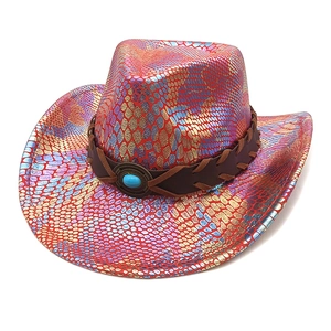 Detail of colorful snakeskin western hat with leather band and turquoise stone