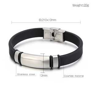 Detailed view of black cowhide leather strap with stainless steel buckle and dimensions