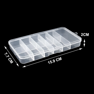 Clear 10-slot nail art storage box with lid measuring 15.9 x 7.7 x 2 cm for tips