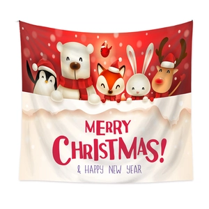 Detail of Christmas tapestry featuring cartoon animals like penguins and reindeer on red
