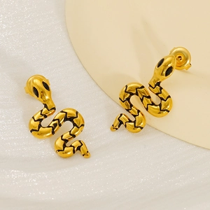 Chic 18K gold plated stainless steel snake stud earrings with black enamel details