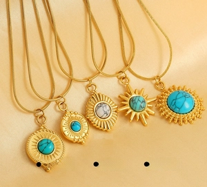 Ensemble de collier pendentif soleil turquoise vintage, bijoux chaîne serpent en acier inox.