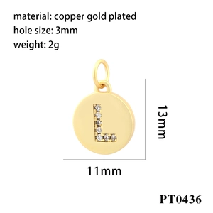 Detailed dimensions of 11mm round copper gold plated letter L pendant with cubic zirconia