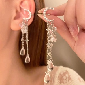 Elegant silver long tassel ear cuff featuring moon element and sparkling drop pendant